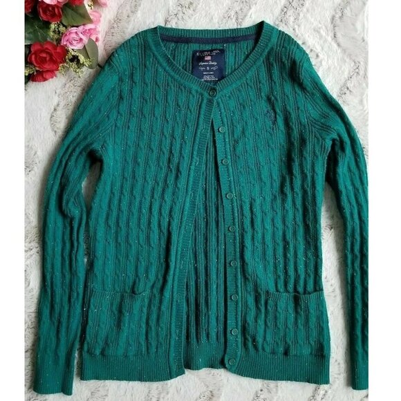 US Polo Association Cotton Blend Forest Green White Speck Button Cardigan Knit S - Picture 1 of 8